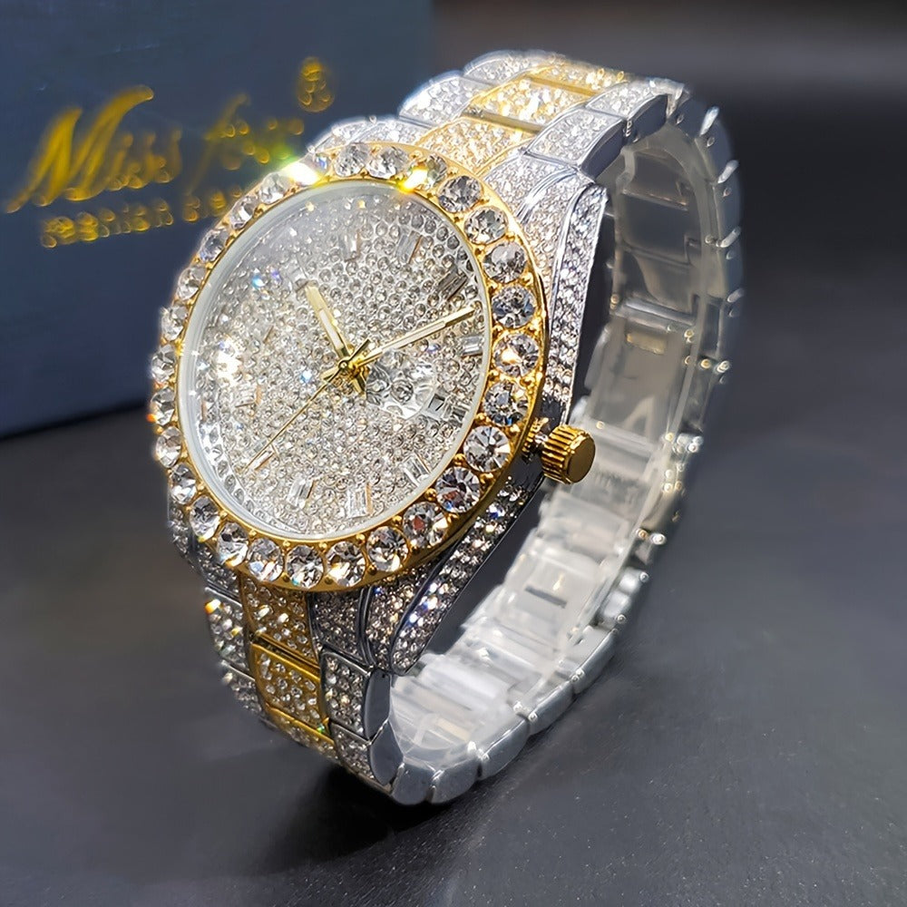 Men's Quartz Watch - 's Business Iced Rhinestone Classic Luxury Bling Wristwatch with Calendar - product detail view 12