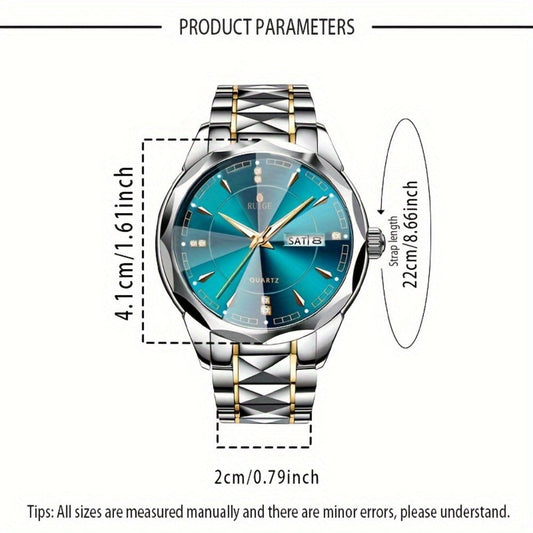 Men's Quartz Watch - 's with Dual Calendar & Night Light | Diamond Shaped Mirror, Stainless - product detail view 2