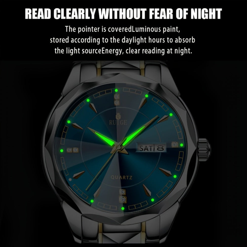 Men's Quartz Watch - 's with Dual Calendar & Night Light | Diamond Shaped Mirror, Stainless - product detail view 4
