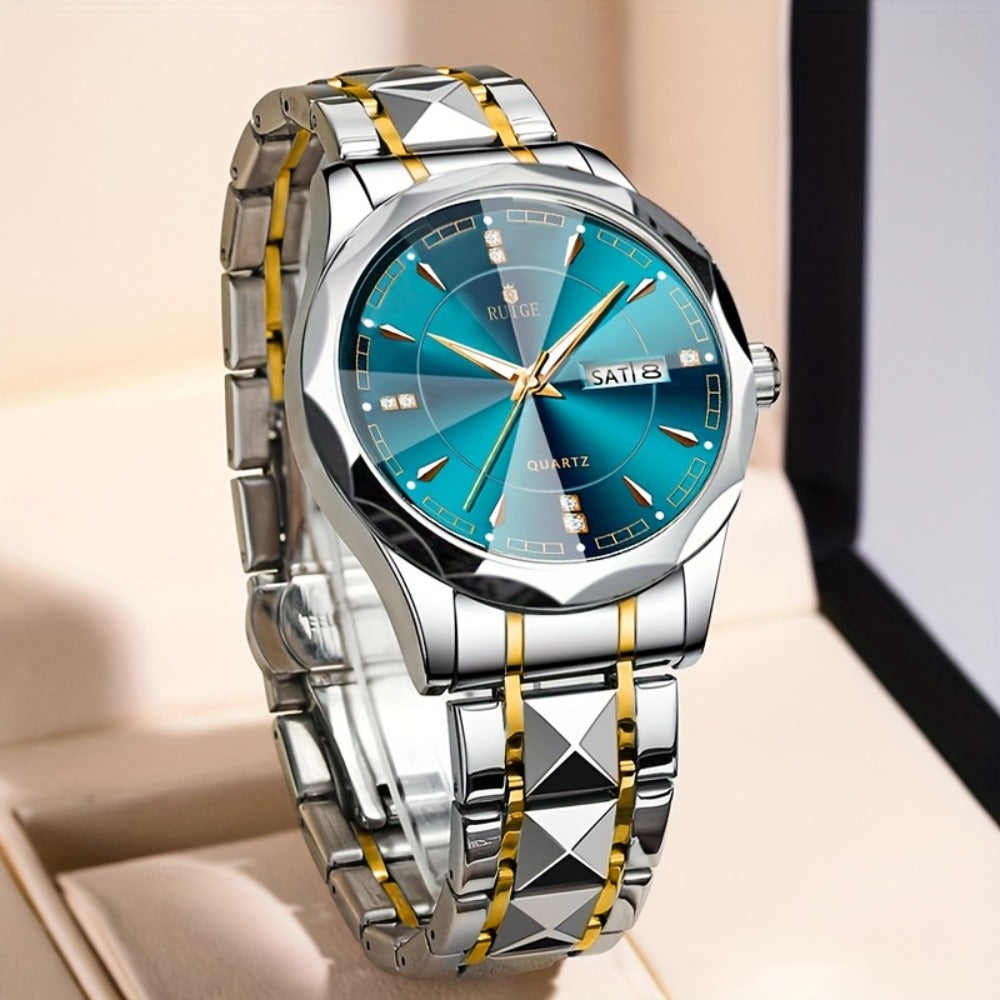 Men's Quartz Watch - 's with Dual Calendar & Night Light | Diamond Shaped Mirror, Stainless - product detail view 6