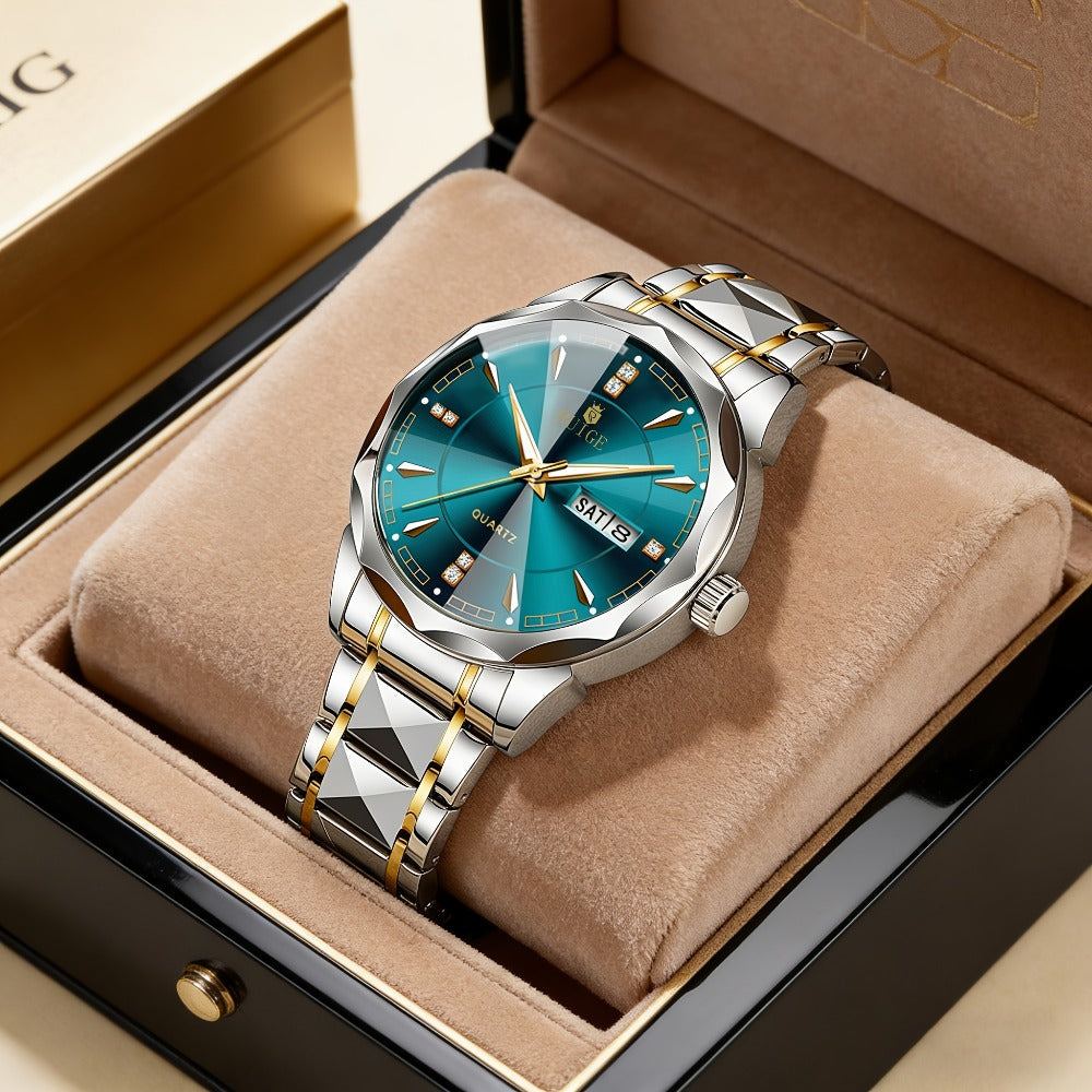 Men's Quartz Watch - 's with Dual Calendar & Night Light | Diamond Shaped Mirror, Stainless - product detail view 13