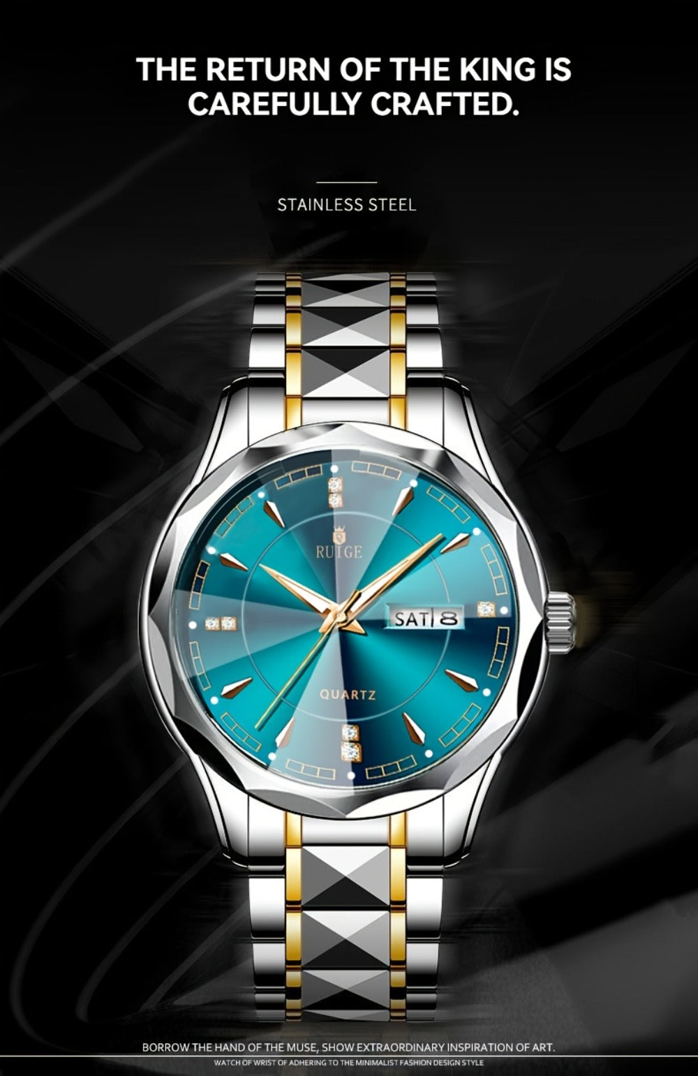 Men's Quartz Watch - 's with Dual Calendar & Night Light | Diamond Shaped Mirror, Stainless - product detail view 14
