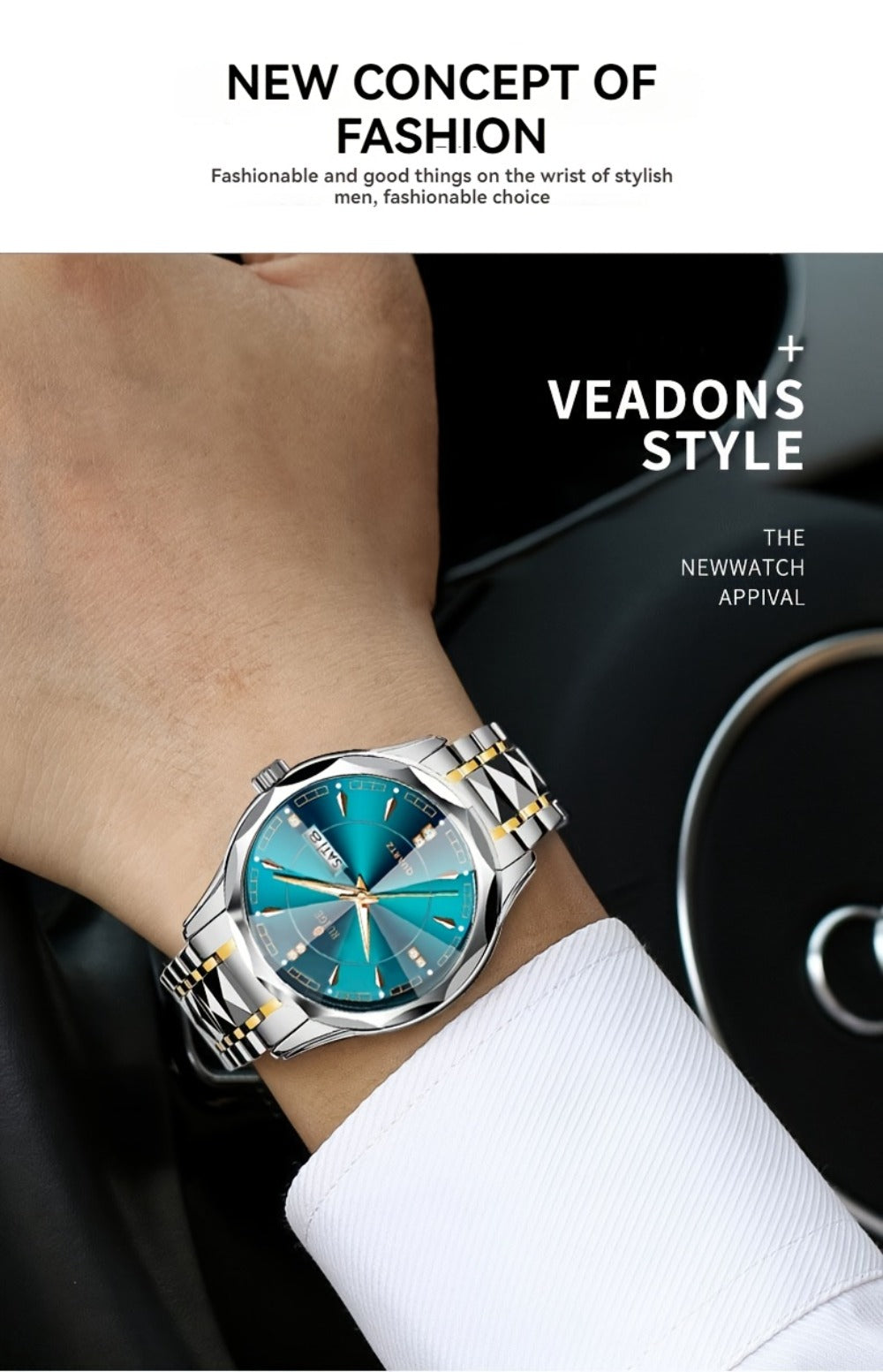 Men's Quartz Watch - 's with Dual Calendar & Night Light | Diamond Shaped Mirror, Stainless - product detail view 15