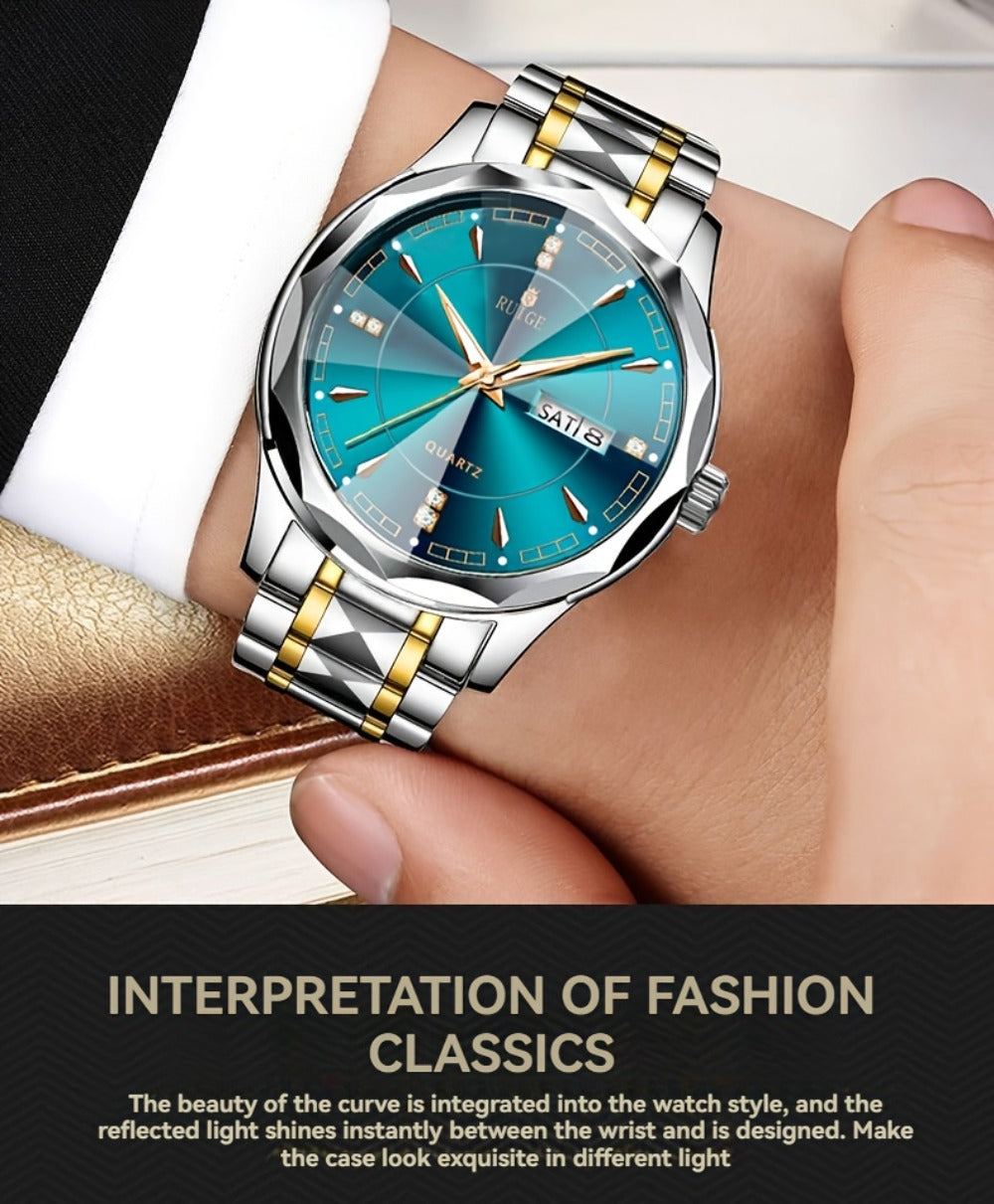 Men's Quartz Watch - 's with Dual Calendar & Night Light | Diamond Shaped Mirror, Stainless - product detail view 16