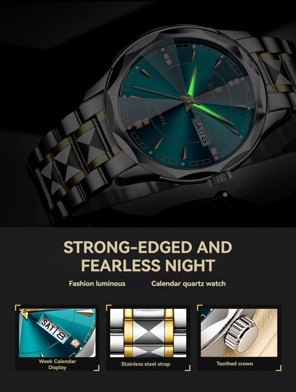 Men's Quartz Watch - 's with Dual Calendar & Night Light | Diamond Shaped Mirror, Stainless - product detail view 17