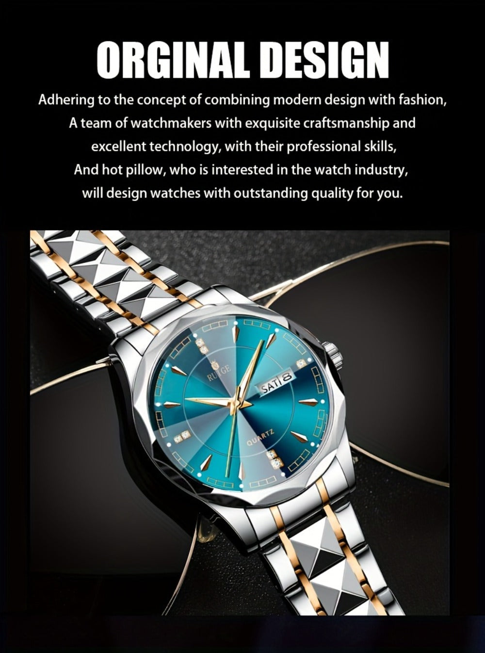 Men's Quartz Watch - 's with Dual Calendar & Night Light | Diamond Shaped Mirror, Stainless - product detail view 18