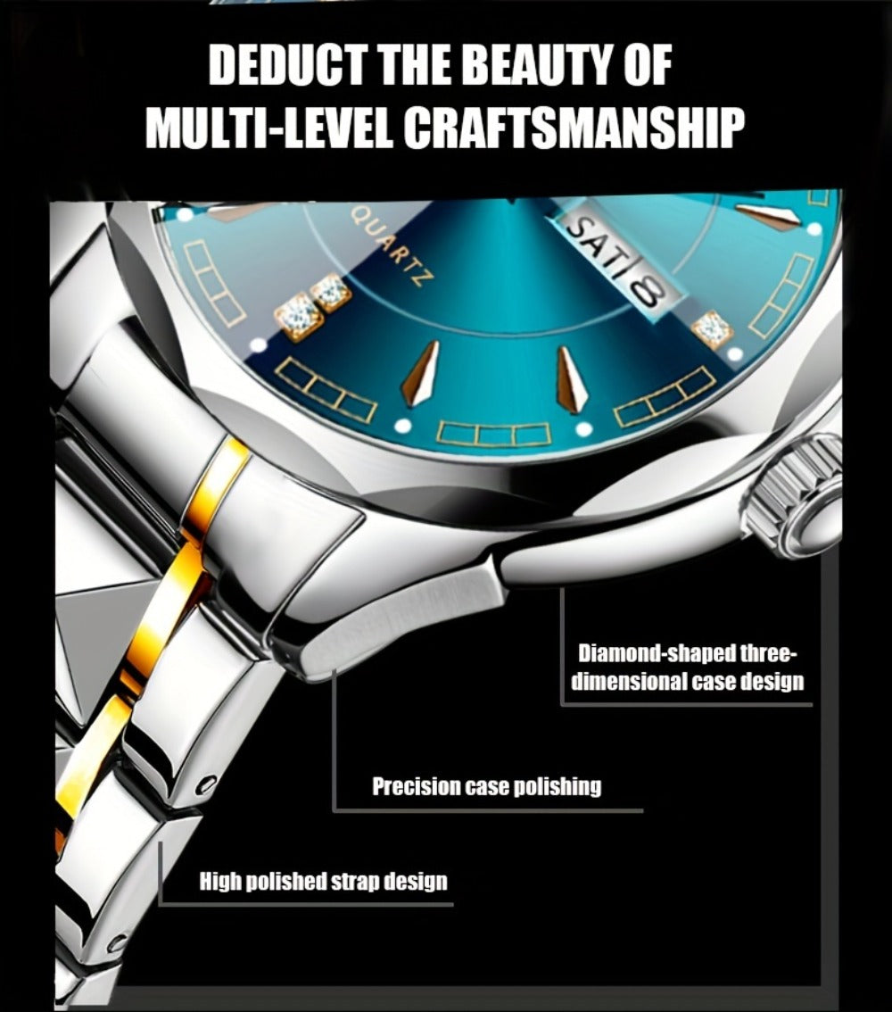 Men's Quartz Watch - 's with Dual Calendar & Night Light | Diamond Shaped Mirror, Stainless - product detail view 19