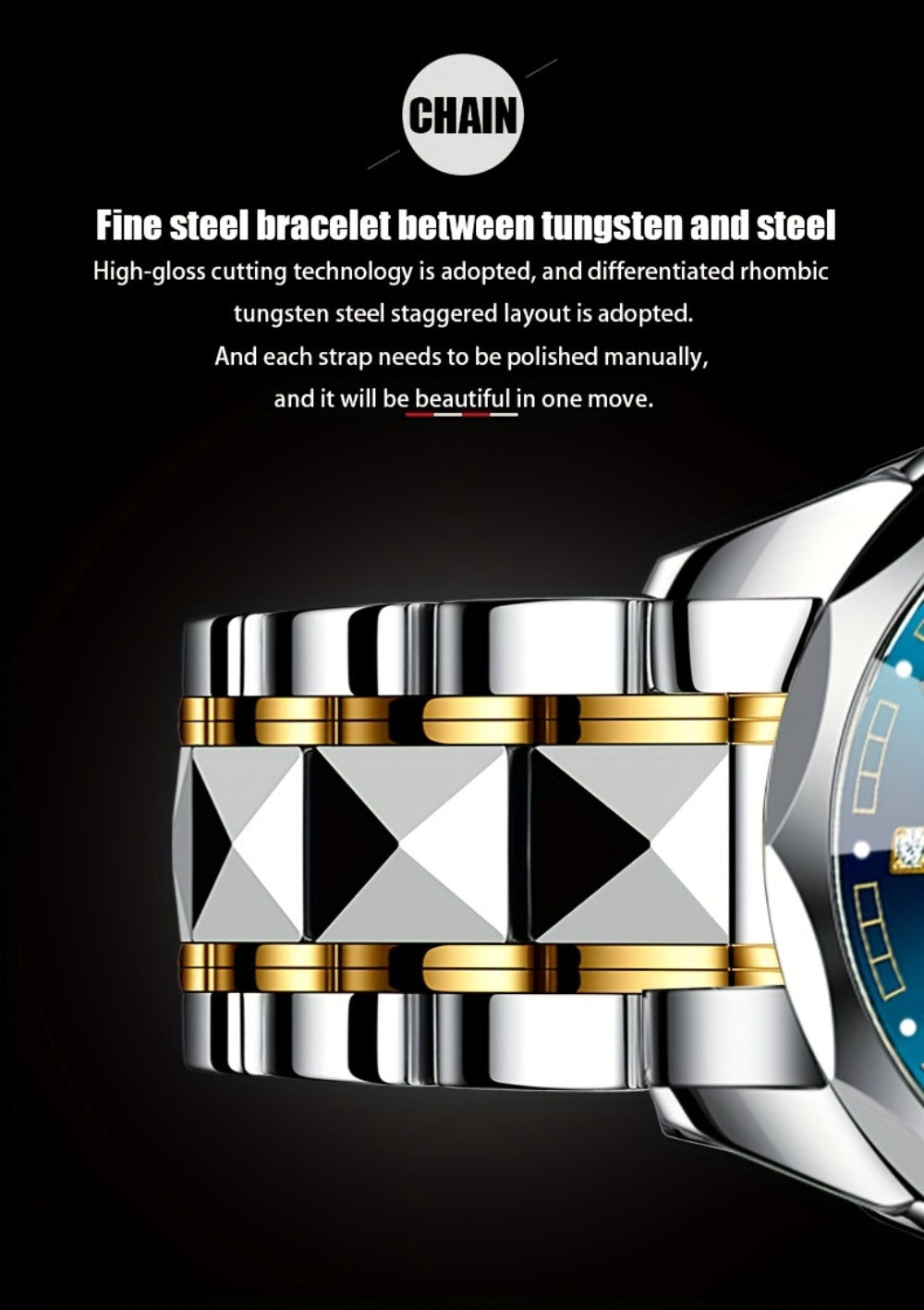 Men's Quartz Watch - 's with Dual Calendar & Night Light | Diamond Shaped Mirror, Stainless - product detail view 20
