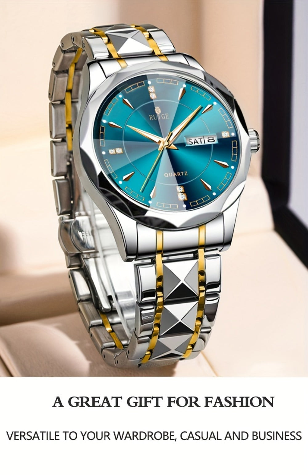 Men's Quartz Watch - 's with Dual Calendar & Night Light | Diamond Shaped Mirror, Stainless - product detail view 24