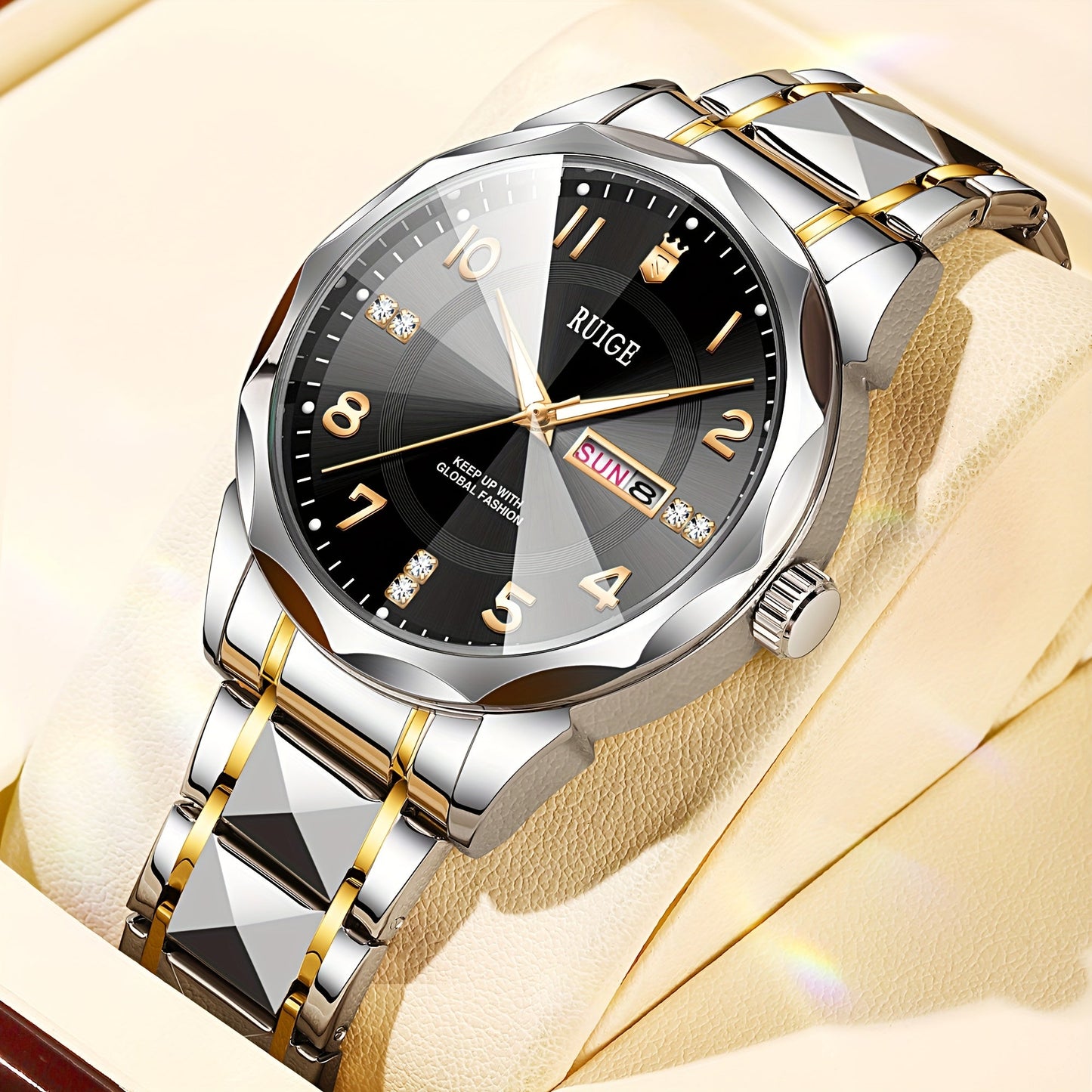 Men's Quartz Watch - 's with Dual Calendar & Night Light | Diamond Shaped Mirror, Stainless - product detail view 29