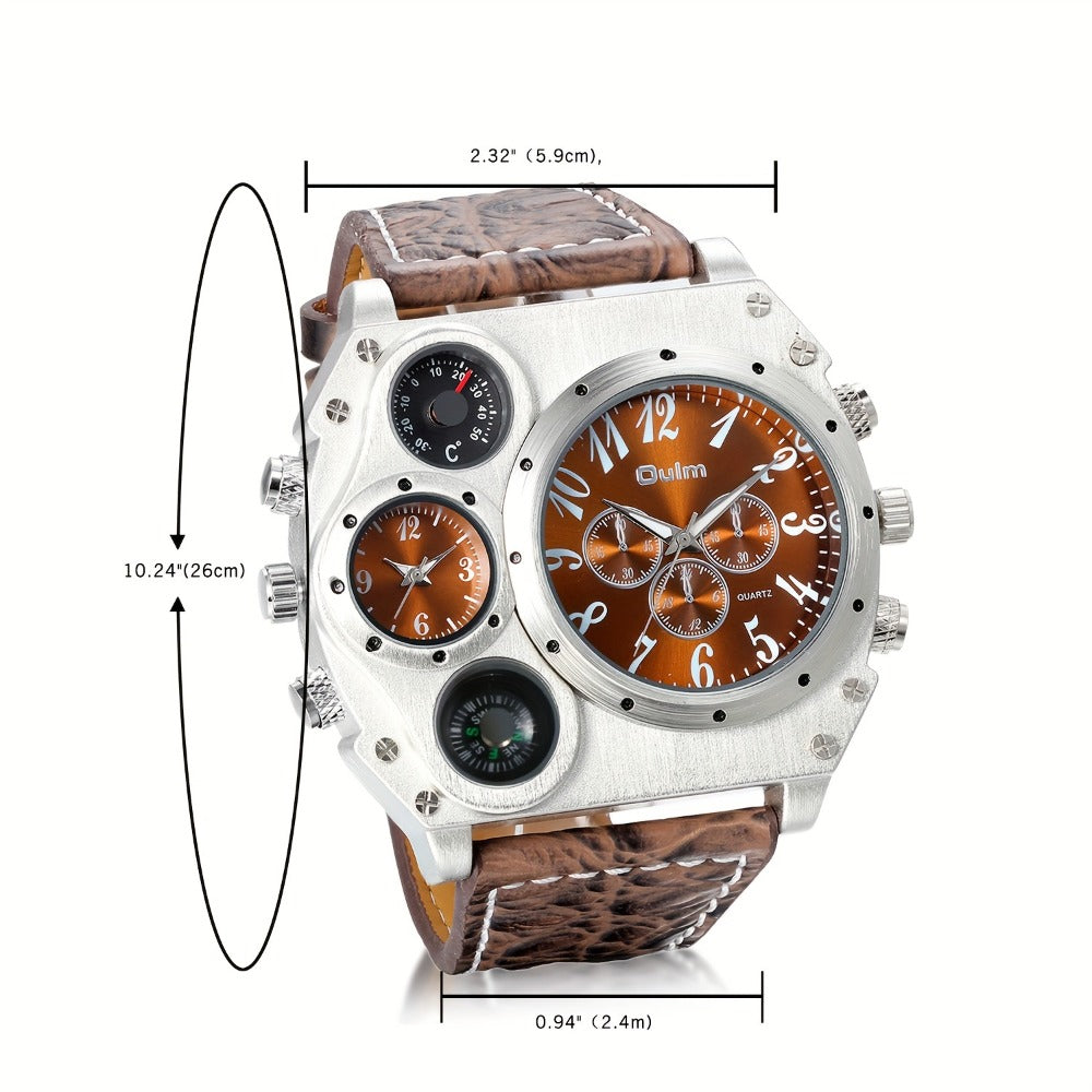 Men's Quartz Watch - 's Dual Time Zone Large Dial Luminous Faux Leather Wristwatch, Casual - product detail view 2