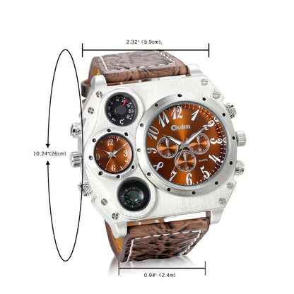 Men's Quartz Watch - 's Dual Time Zone Large Dial Luminous Faux Leather Wristwatch, Casual - product detail view 2