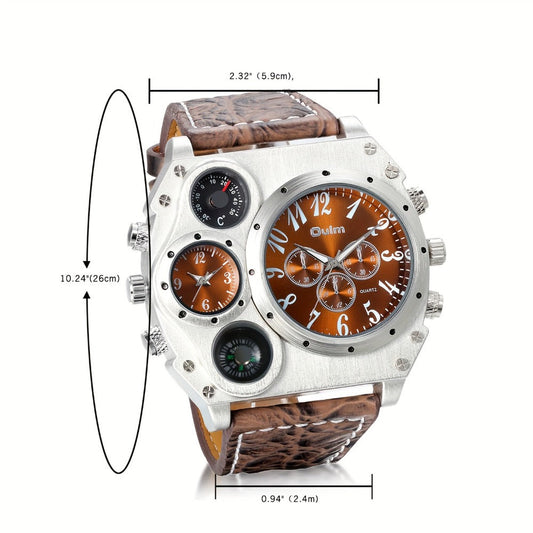 Men's Quartz Watch - 's Dual Time Zone Large Dial Luminous Faux Leather Wristwatch, Casual - product detail view 2