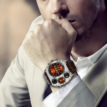 Men's Quartz Watch - 's Dual Time Zone Large Dial Luminous Faux Leather Wristwatch, Casual - product detail view 3