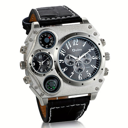 Men's Quartz Watch - 's Dual Time Zone Large Dial Luminous Faux Leather Wristwatch, Casual - product detail view 4