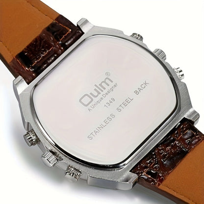 Men's Quartz Watch - 's Dual Time Zone Large Dial Luminous Faux Leather Wristwatch, Casual - product detail view 5