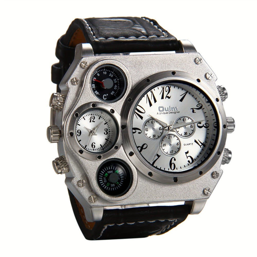 Men's Quartz Watch - 's Dual Time Zone Large Dial Luminous Faux Leather Wristwatch, Casual - product detail view 6