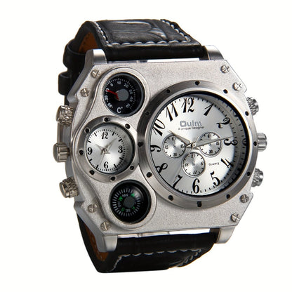 Men's Quartz Watch - 's Dual Time Zone Large Dial Luminous Faux Leather Wristwatch, Casual - product detail view 6