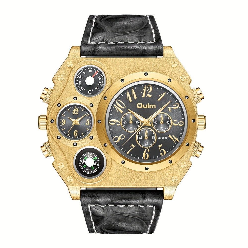 Men's Quartz Watch - 's Dual Time Zone Large Dial Luminous Faux Leather Wristwatch, Casual - product detail view 8
