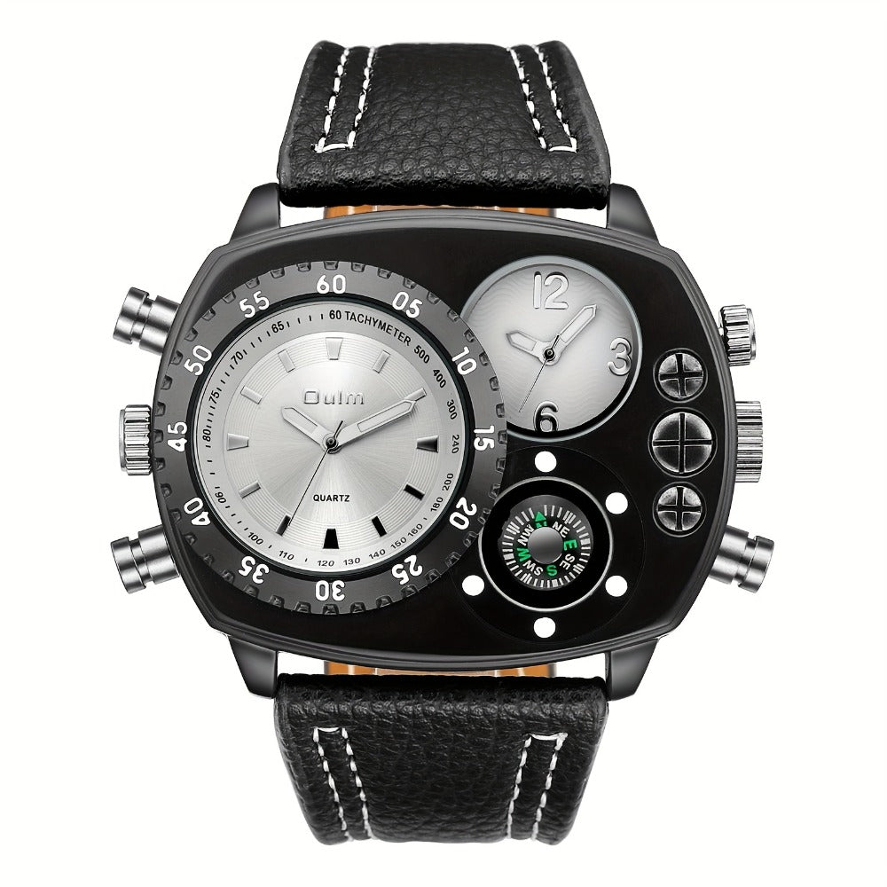 Men's Quartz Watch - 's Dual Time Zone Large Dial Luminous Faux Leather Wristwatch, Casual - product detail view 11