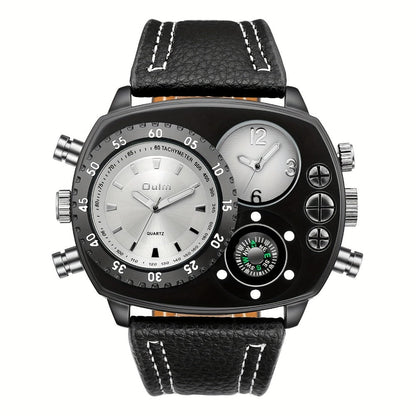 Men's Quartz Watch - 's Dual Time Zone Large Dial Luminous Faux Leather Wristwatch, Casual - product detail view 11