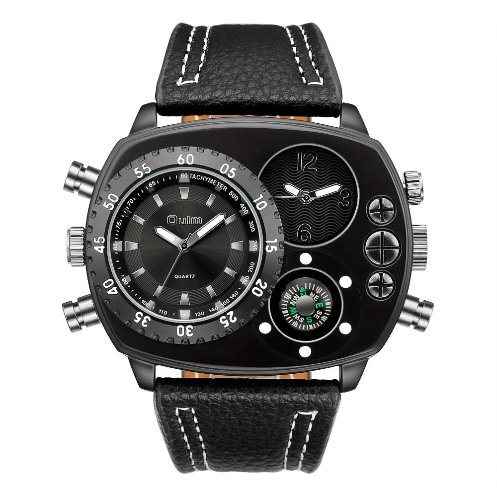 Men's Quartz Watch - 's Dual Time Zone Large Dial Luminous Faux Leather Wristwatch, Casual - product detail view 12