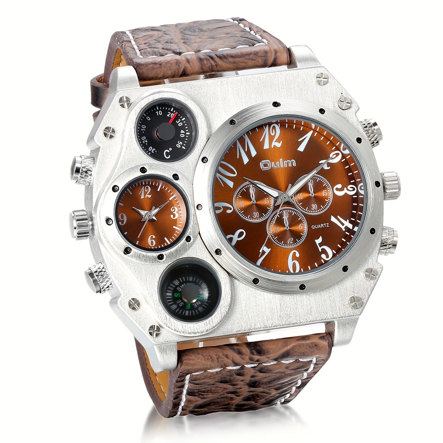 Men's Quartz Watch - 's Dual Time Zone Large Dial Luminous Faux Leather Wristwatch, Casual - product detail view 13