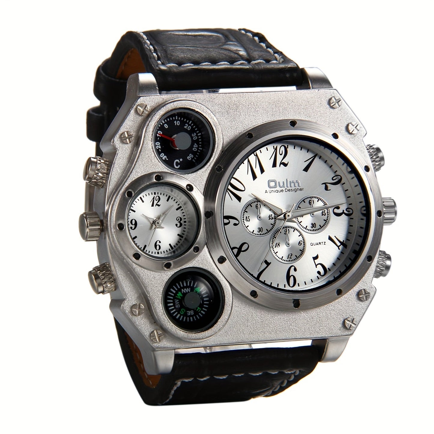 Men's Quartz Watch - 's Dual Time Zone Large Dial Luminous Faux Leather Wristwatch, Casual - product detail view 15