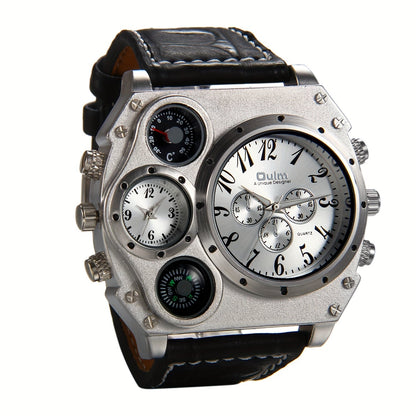 Men's Quartz Watch - 's Dual Time Zone Large Dial Luminous Faux Leather Wristwatch, Casual - product detail view 15