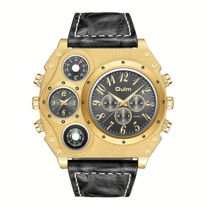 Men's Quartz Watch - 's Dual Time Zone Large Dial Luminous Faux Leather Wristwatch, Casual - product detail view 16