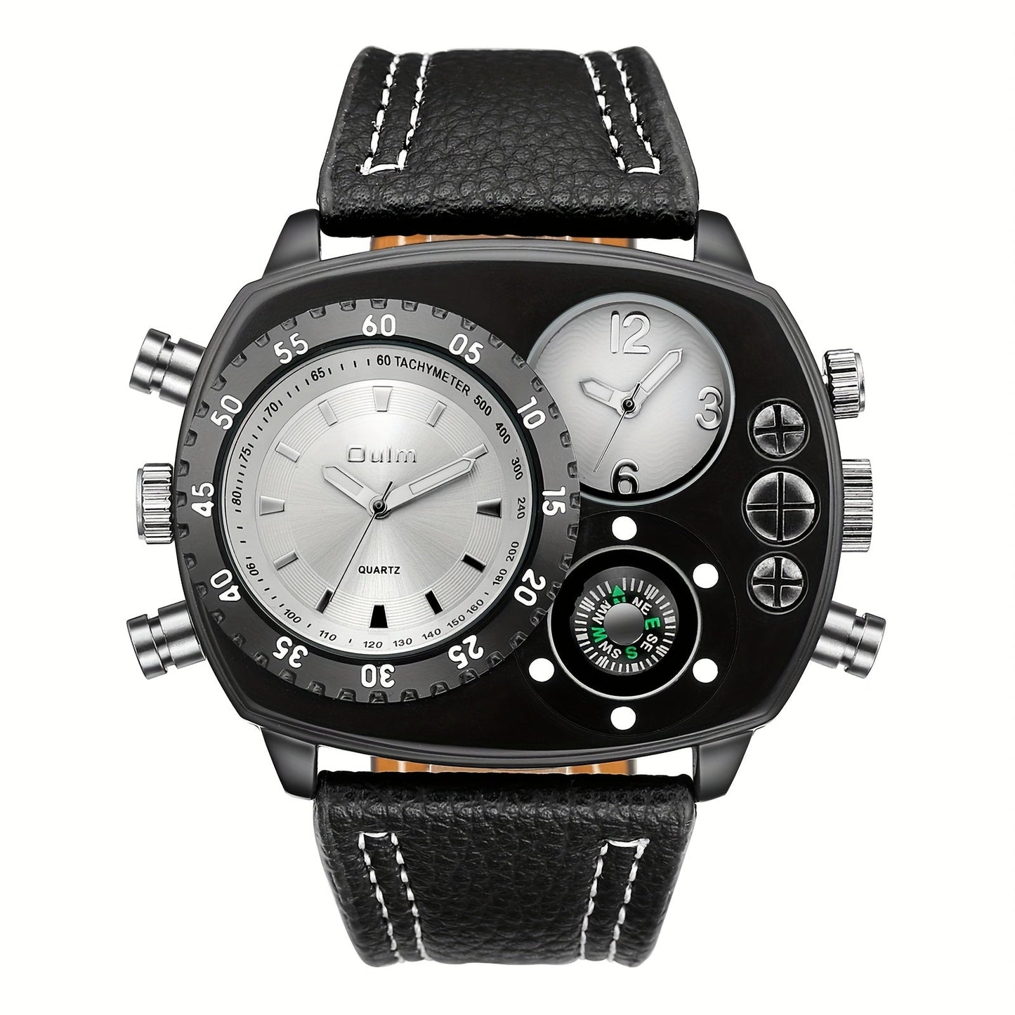 Men's Quartz Watch - 's Dual Time Zone Large Dial Luminous Faux Leather Wristwatch, Casual - product detail view 18
