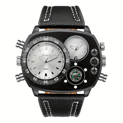 Men's Quartz Watch - 's Dual Time Zone Large Dial Luminous Faux Leather Wristwatch, Casual - product detail view 18
