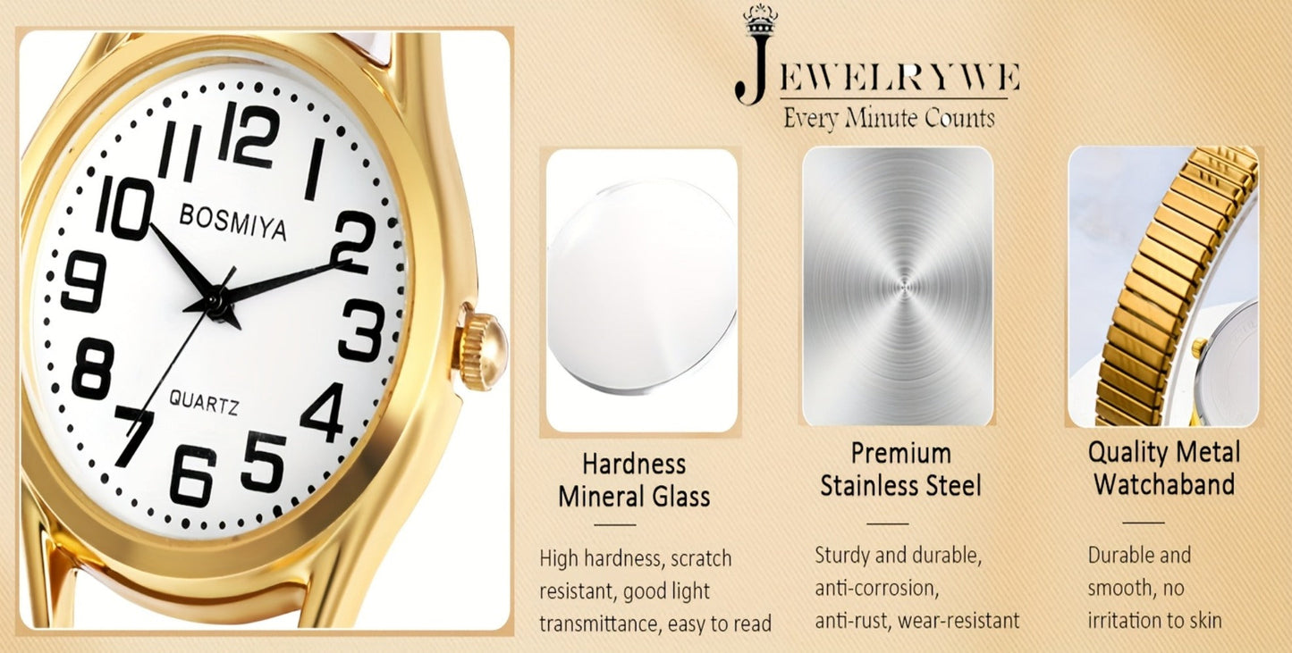 Women's Quartz Watch - 's Elastic Stretch Expandable Strap Round Case Large Arabic Numeral Dial - product detail view 16