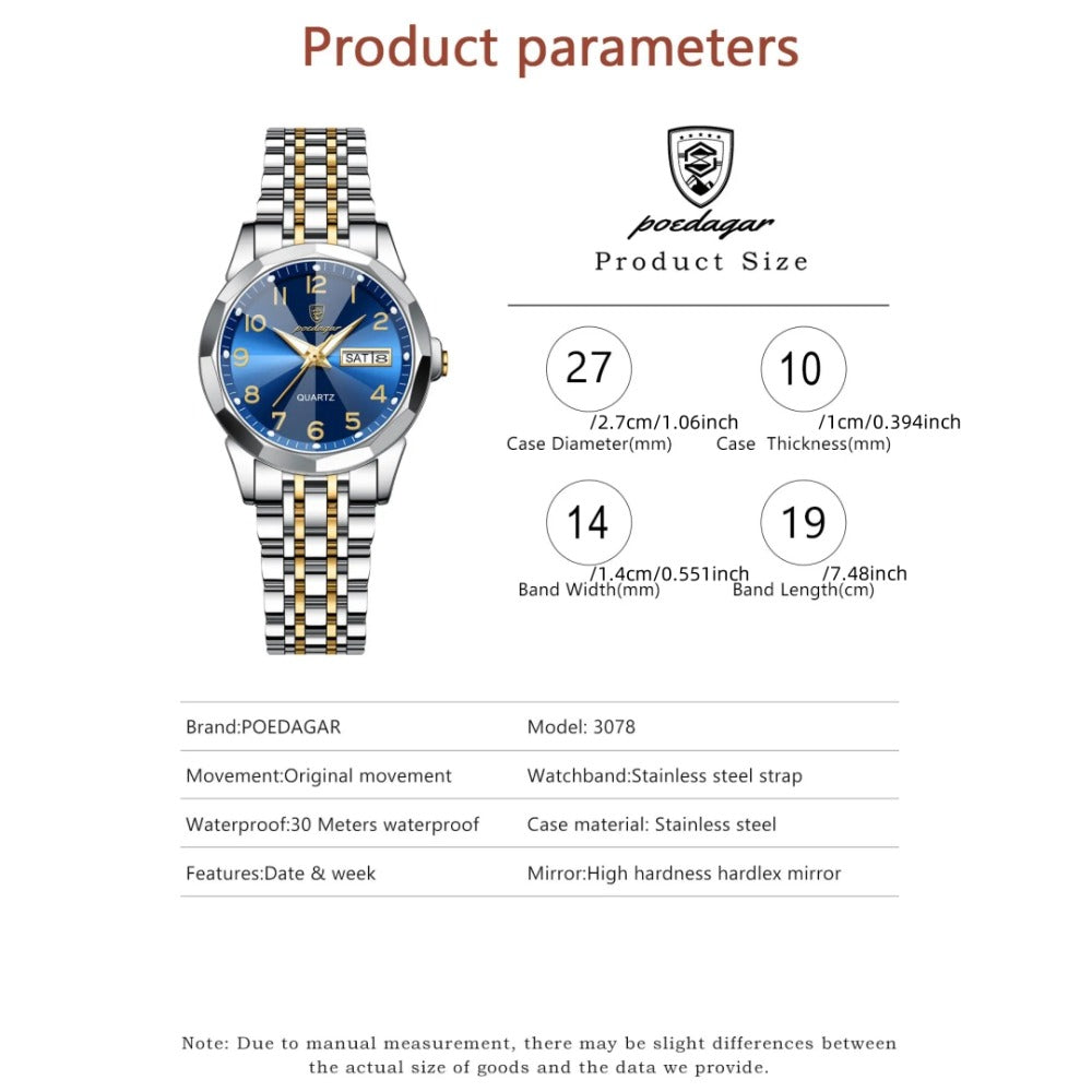 Women's Quartz Watch - 's Fashion POEDAGAR Stainless Steel Band Date Display 3ATM Waterproof - product detail view 2