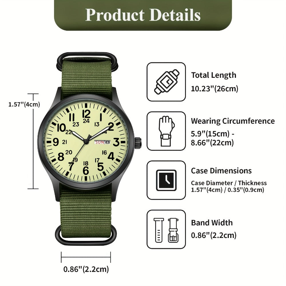Men's Quartz Watch - 's Outdoor Sport Nylon Strap, Luminous Dial, 24H Scale & Date Calendar - product detail view 2