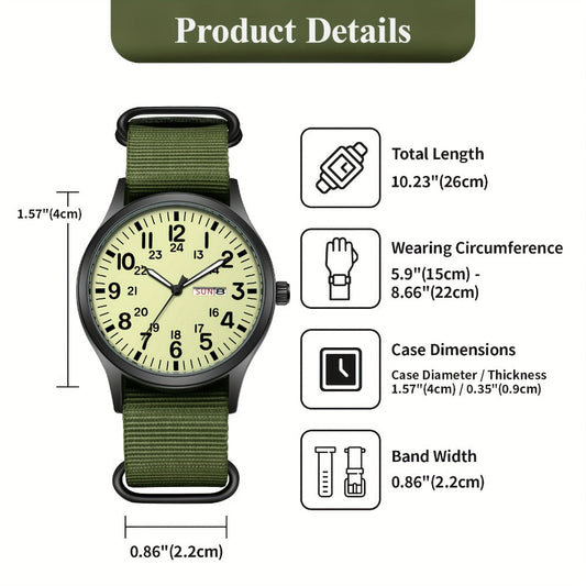 Men's Quartz Watch - 's Outdoor Sport Nylon Strap, Luminous Dial, 24H Scale & Date Calendar - product detail view 2