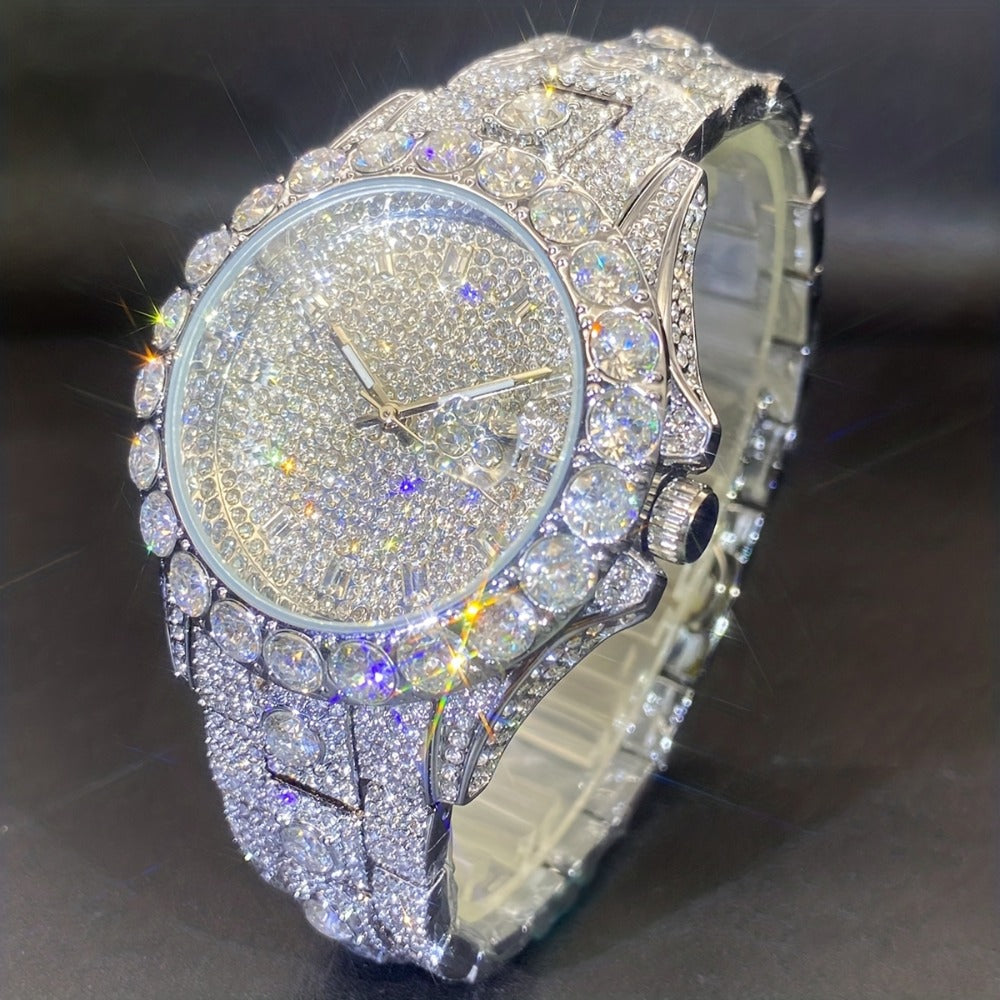 Men's Quartz Watch - 's Rhinestone Calendar Hip Hop Iced Out Business Luxury Couple Silver Gold - main product view