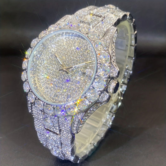 Men's Quartz Watch - 's Rhinestone Calendar Hip Hop Iced Out Business Luxury Couple Silver Gold - main product view