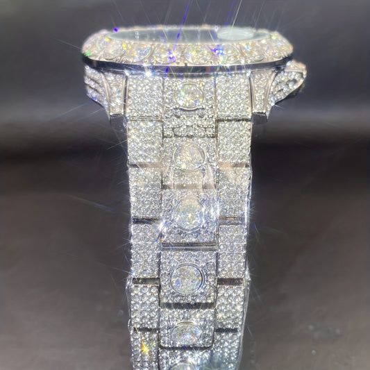 Men's Quartz Watch - 's Rhinestone Calendar Hip Hop Iced Out Business Luxury Couple Silver Gold - product detail view 2