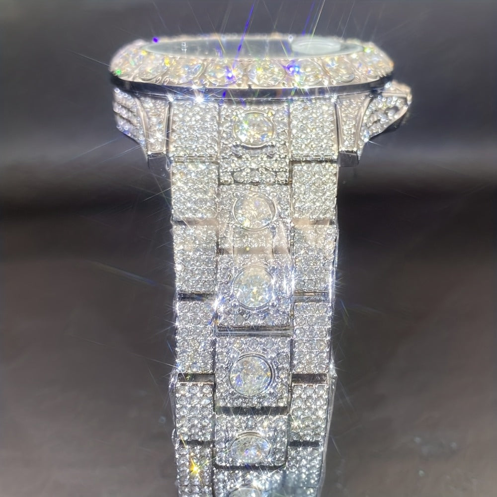 Men's Quartz Watch - 's Rhinestone Calendar Hip Hop Iced Out Business Luxury Couple Silver Gold - product detail view 2