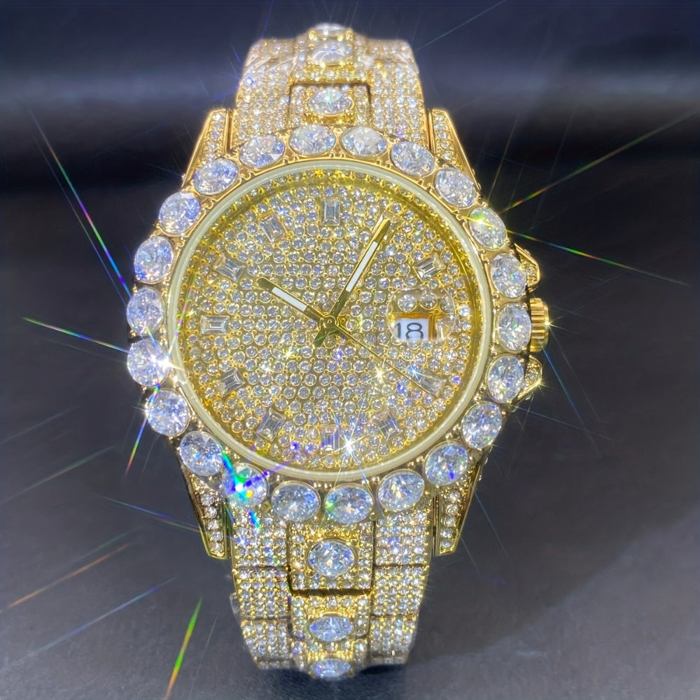 Men's Quartz Watch - 's Rhinestone Calendar Hip Hop Iced Out Business Luxury Couple Silver Gold - product detail view 3