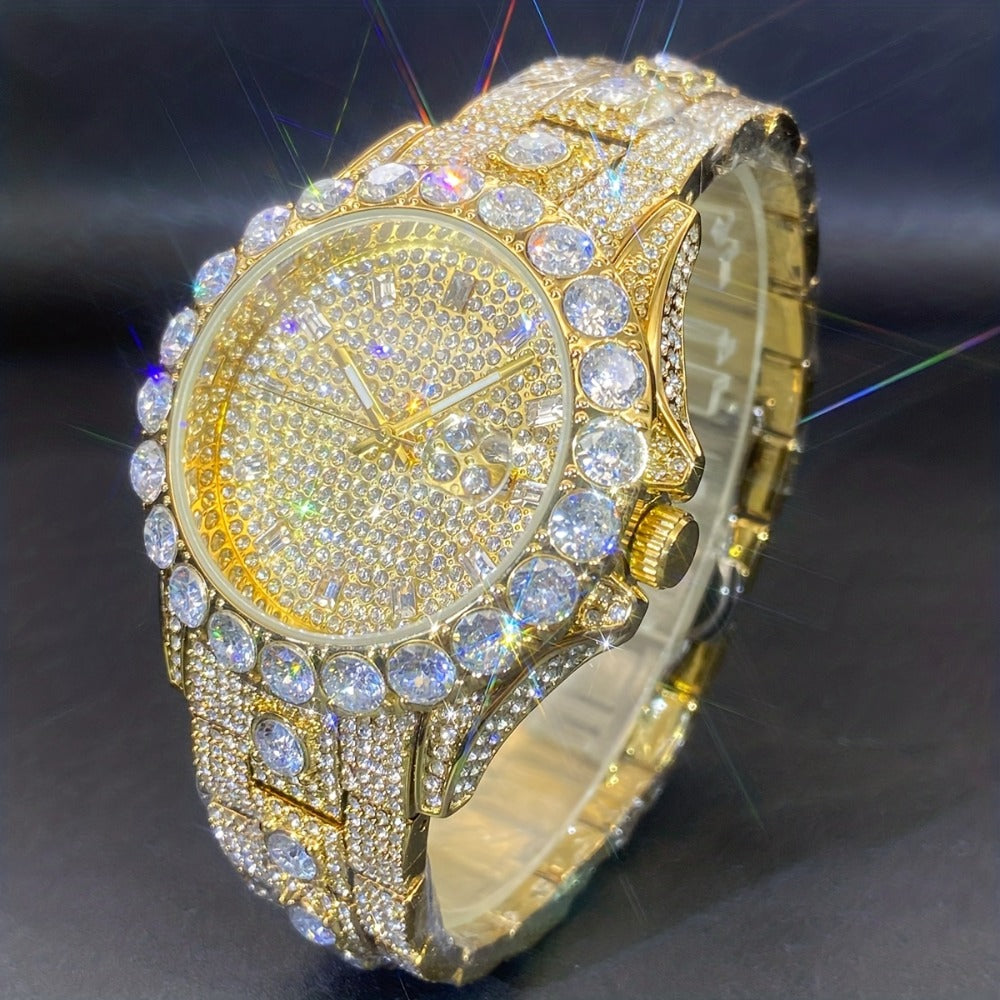 Men's Quartz Watch - 's Rhinestone Calendar Hip Hop Iced Out Business Luxury Couple Silver Gold - product detail view 4