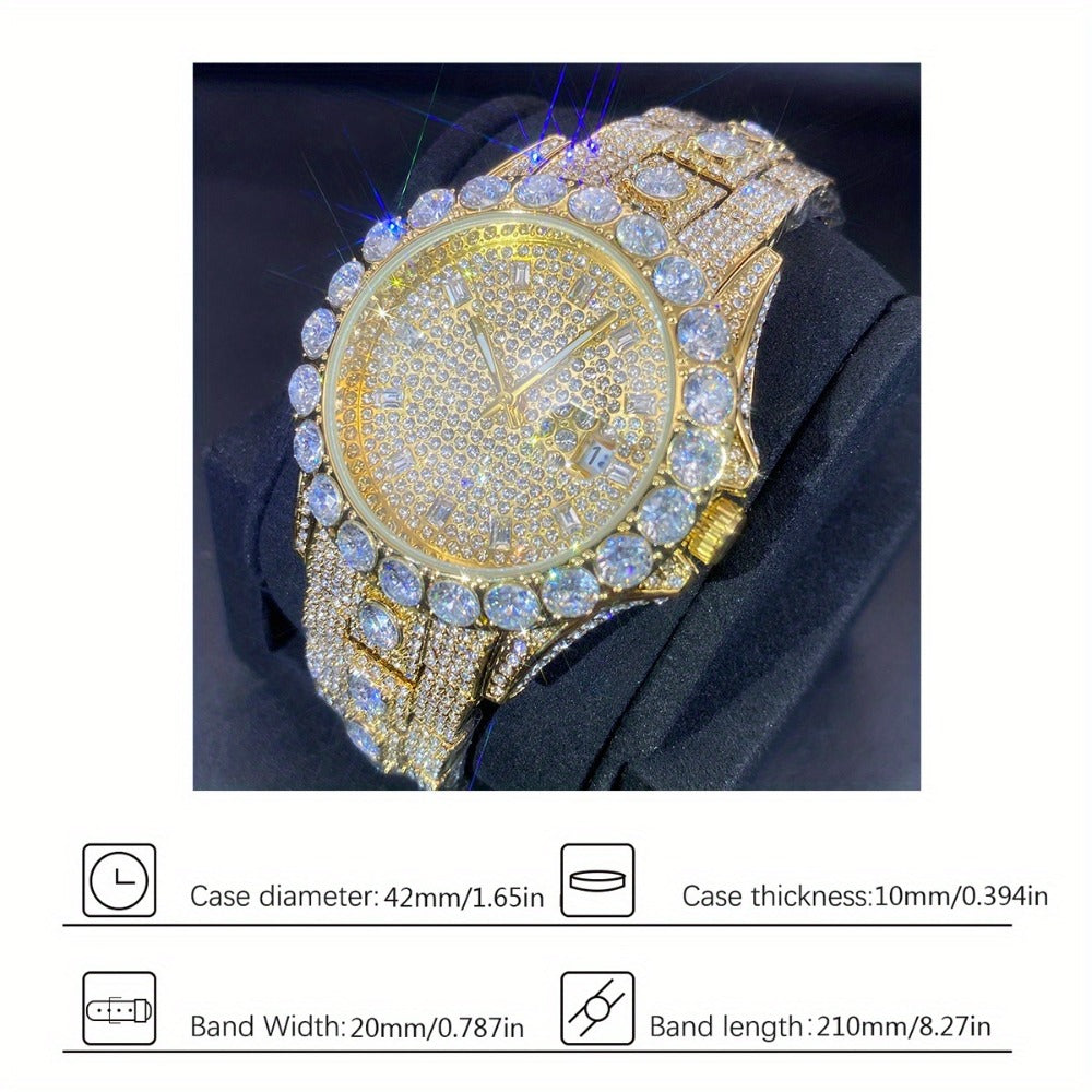 Men's Quartz Watch - 's Rhinestone Calendar Hip Hop Iced Out Business Luxury Couple Silver Gold - product detail view 5