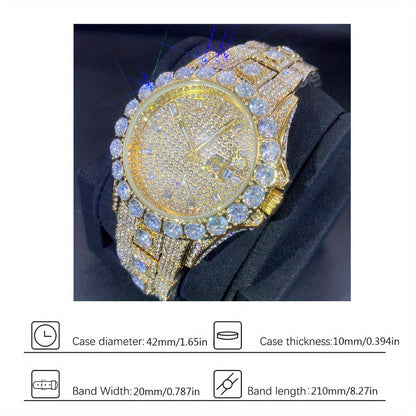 Men's Quartz Watch - 's Rhinestone Calendar Hip Hop Iced Out Business Luxury Couple Silver Gold - product detail view 5