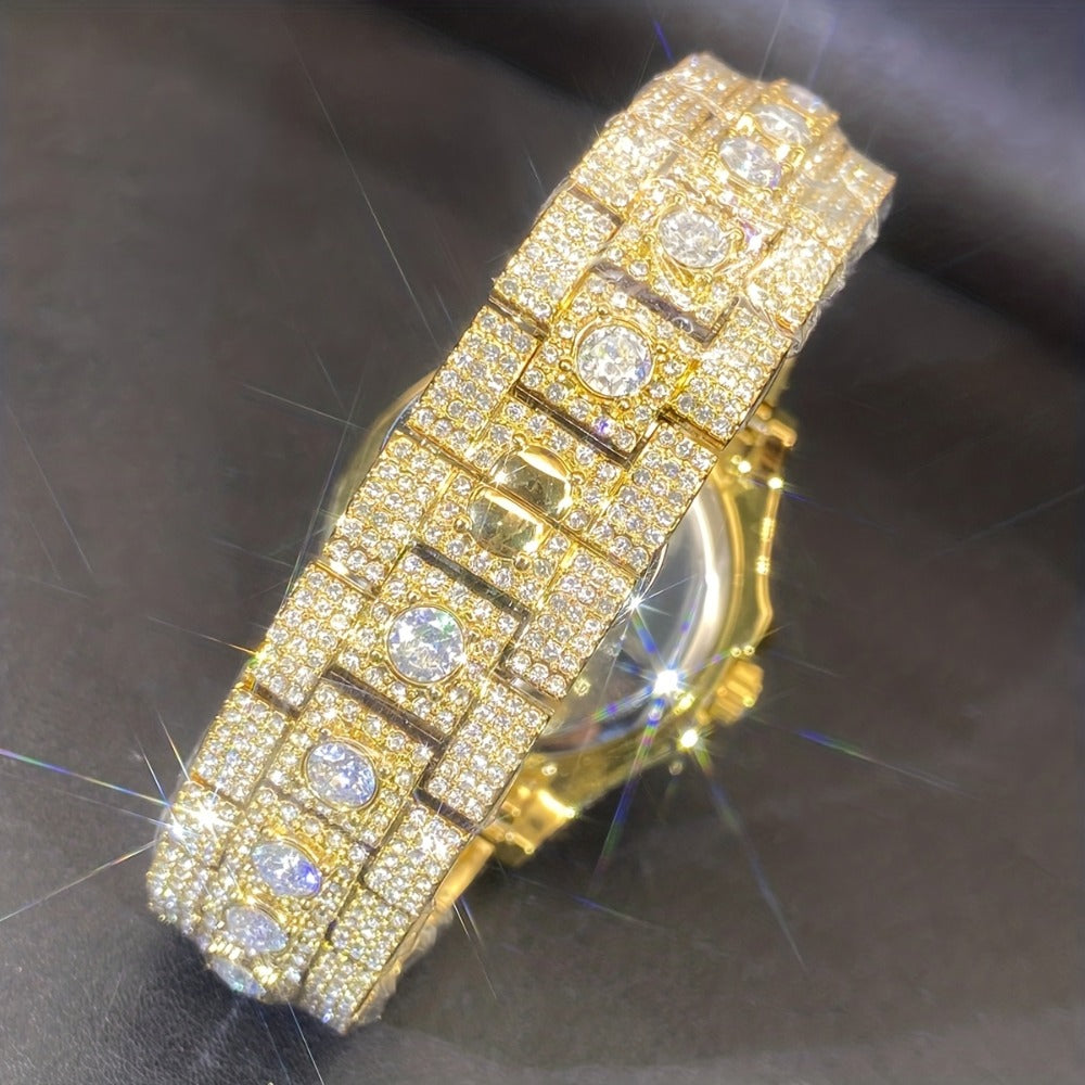 Men's Quartz Watch - 's Rhinestone Calendar Hip Hop Iced Out Business Luxury Couple Silver Gold - product detail view 6