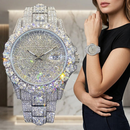 Men's Quartz Watch - 's Rhinestone Calendar Hip Hop Iced Out Business Luxury Couple Silver Gold - product detail view 7
