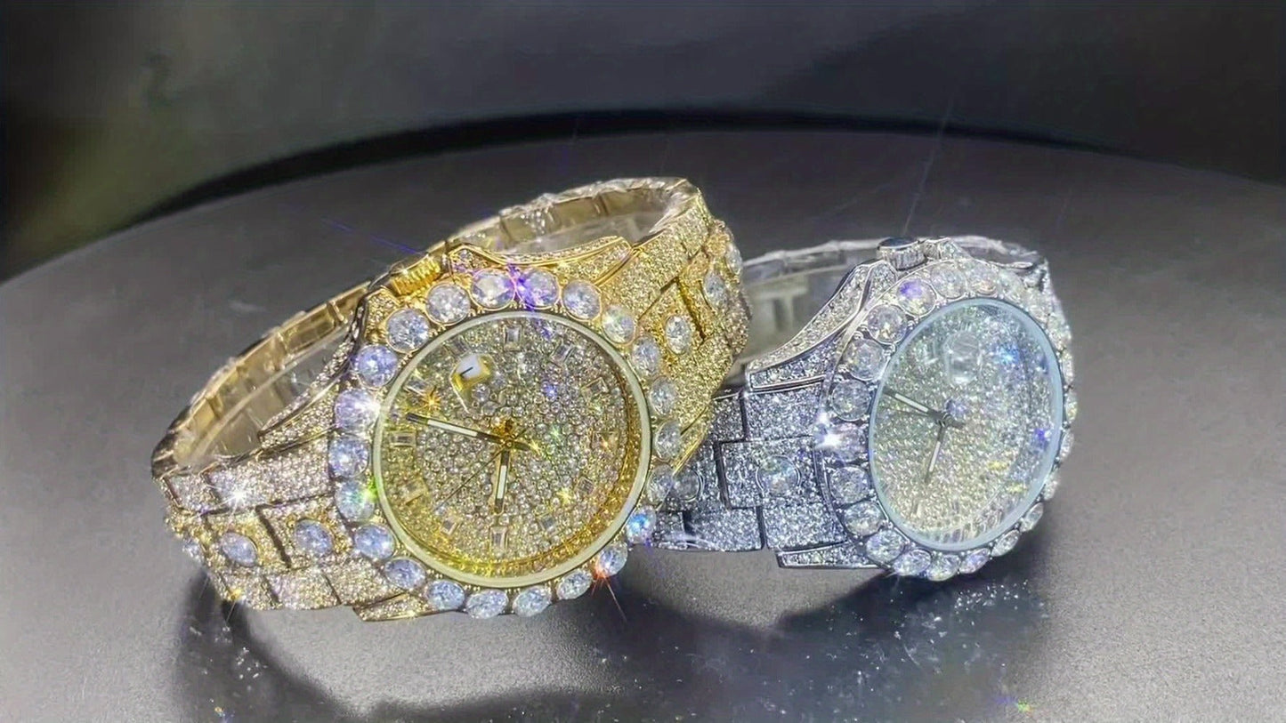 Men's Quartz Watch - 's Rhinestone Calendar Hip Hop Iced Out Business Luxury Couple Silver Gold - product detail view 8