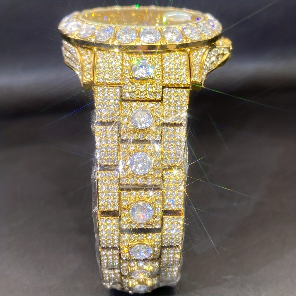 Men's Quartz Watch - 's Rhinestone Calendar Hip Hop Iced Out Business Luxury Couple Silver Gold - product detail view 9