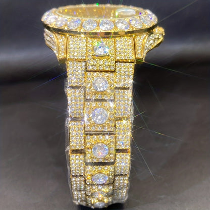 Men's Quartz Watch - 's Rhinestone Calendar Hip Hop Iced Out Business Luxury Couple Silver Gold - product detail view 9