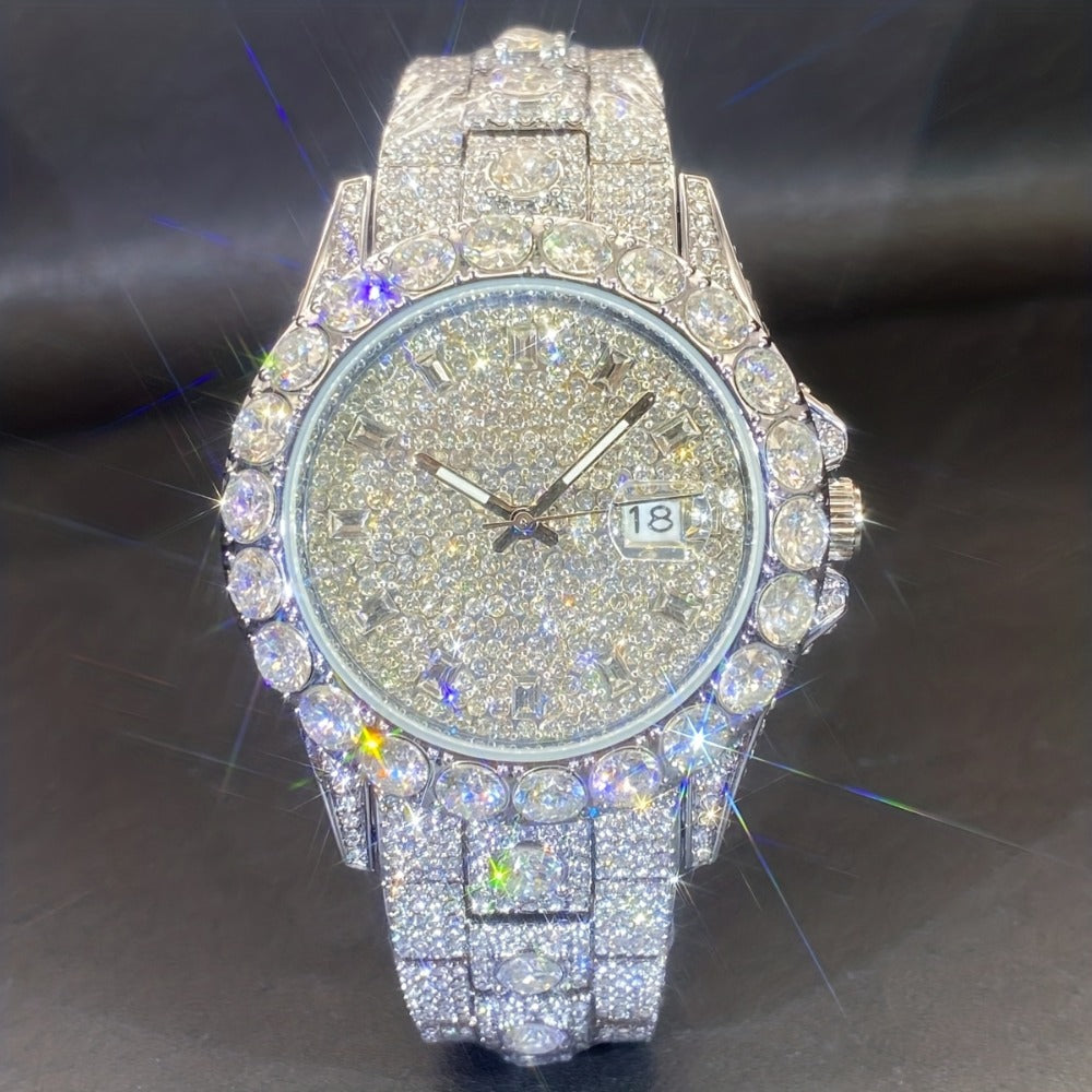 Men's Quartz Watch - 's Rhinestone Calendar Hip Hop Iced Out Business Luxury Couple Silver Gold - product detail view 10